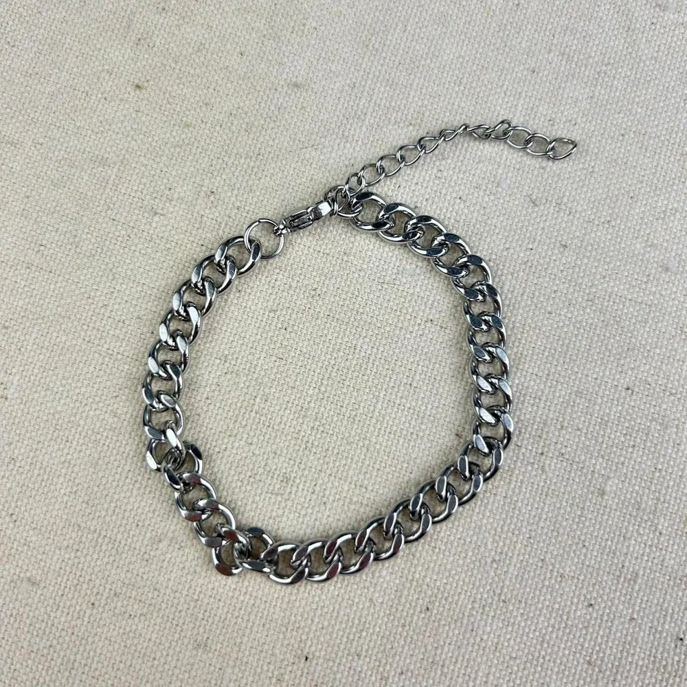 Vintage style stainless steel silver cuban link chain bracelet grunge punk 7mm